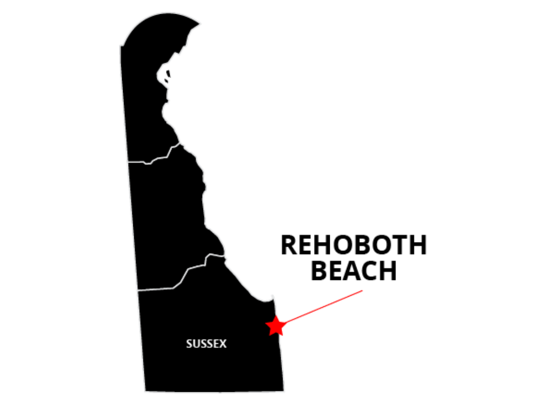 Map of Delaware with Rehoboth Beach starred