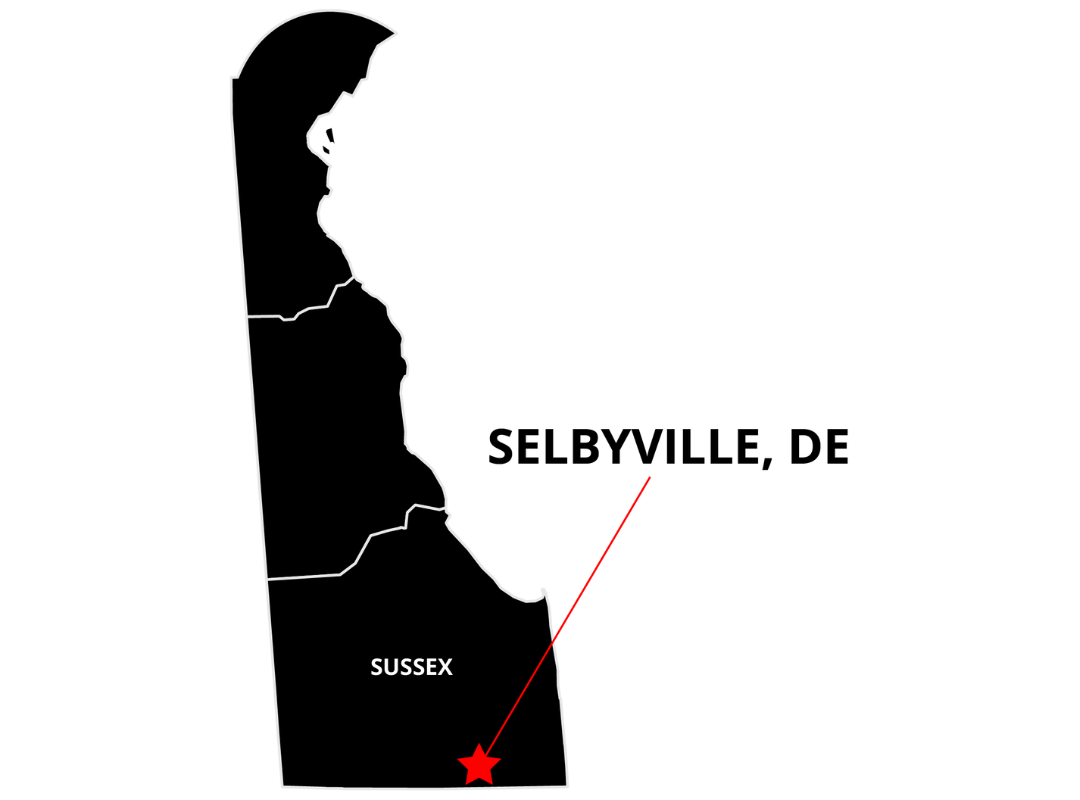 Map of Delaware with Selbyville starred