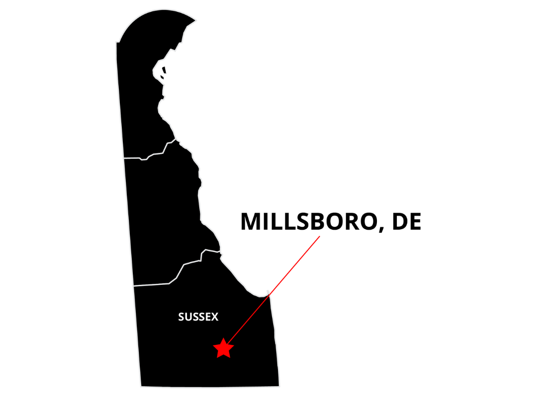 Map of Delaware with Millsboro starred