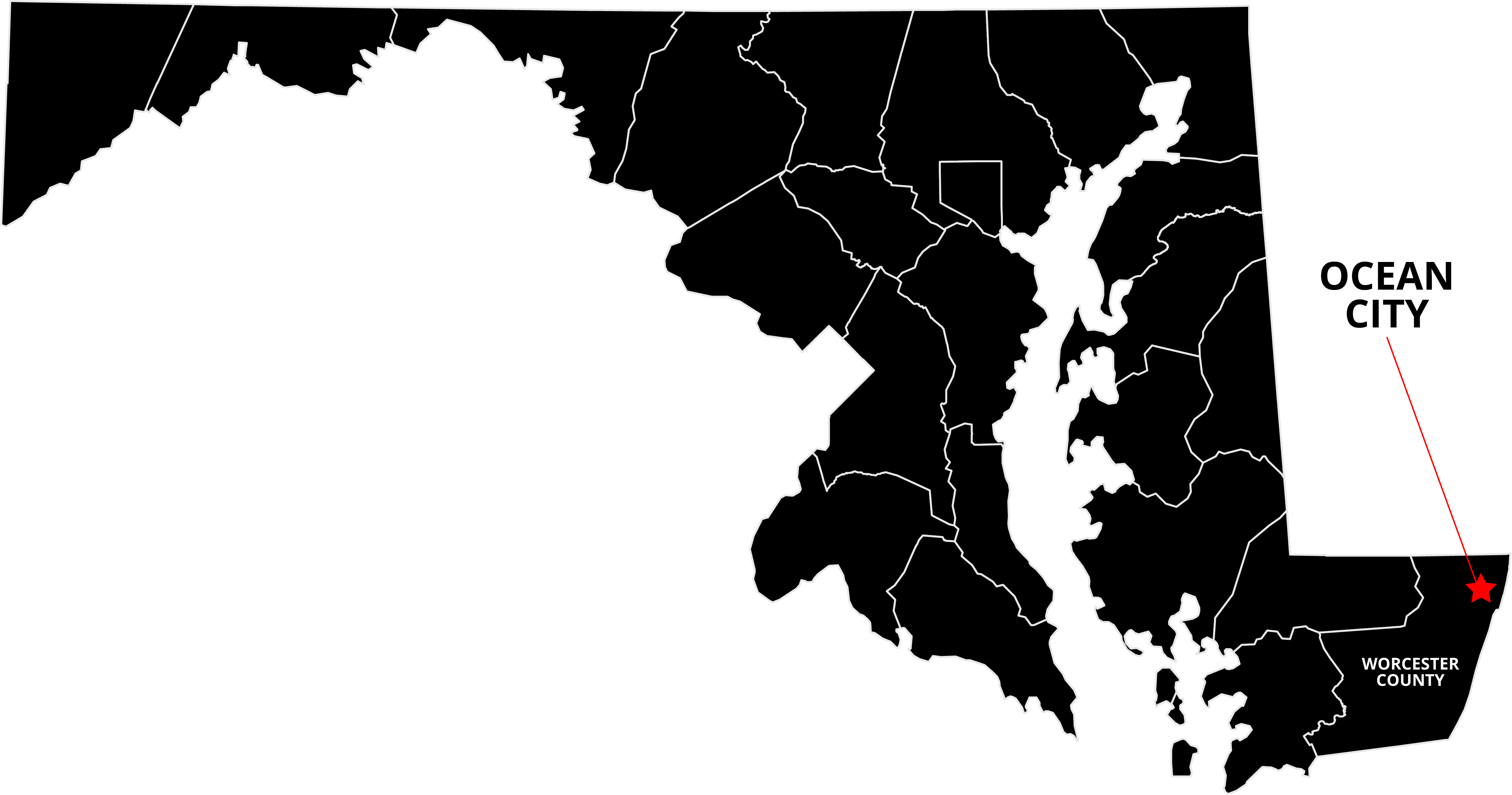 Map of Maryland with Ocean City starred