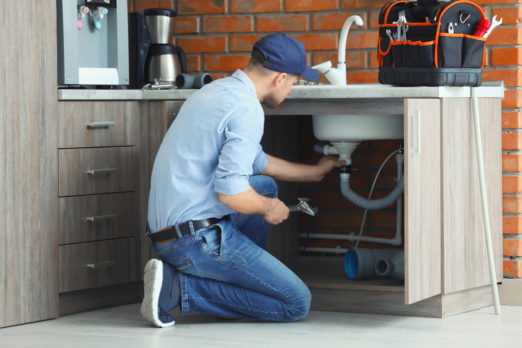 a man fixing a sink in a kitchen